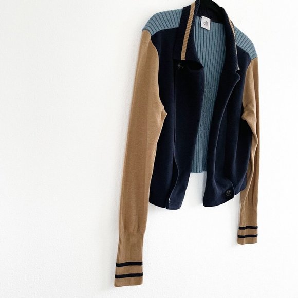 Cabi Turn Back Cardigan Sweater Open Front Medium Academia Navy Tan Chunky Knit - Picture 4 of 16